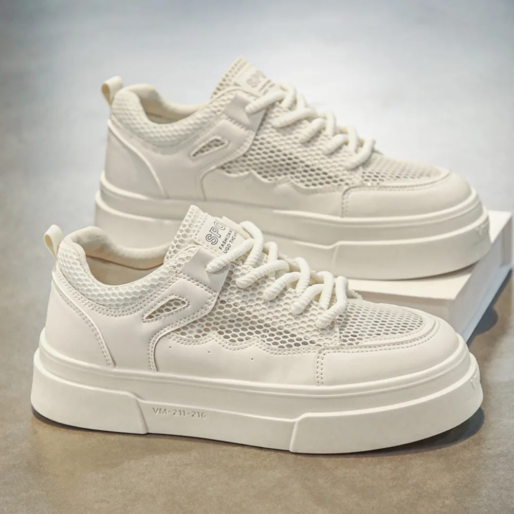 

Leather mesh breathable white shoes 2026 women's thick soled height increasing board shoes lightweight casual sports shoes