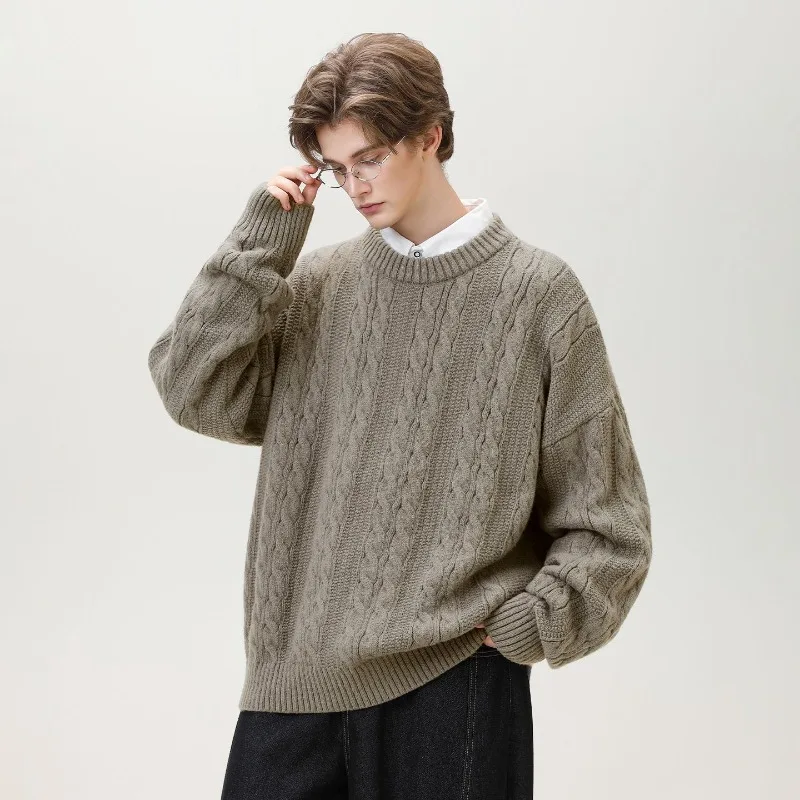 Men's Tide Brand Series Solid Color Twist Design Turtleneck Sweater Autumn and Winter Couples Loose Knit Sweater Thick Sweater