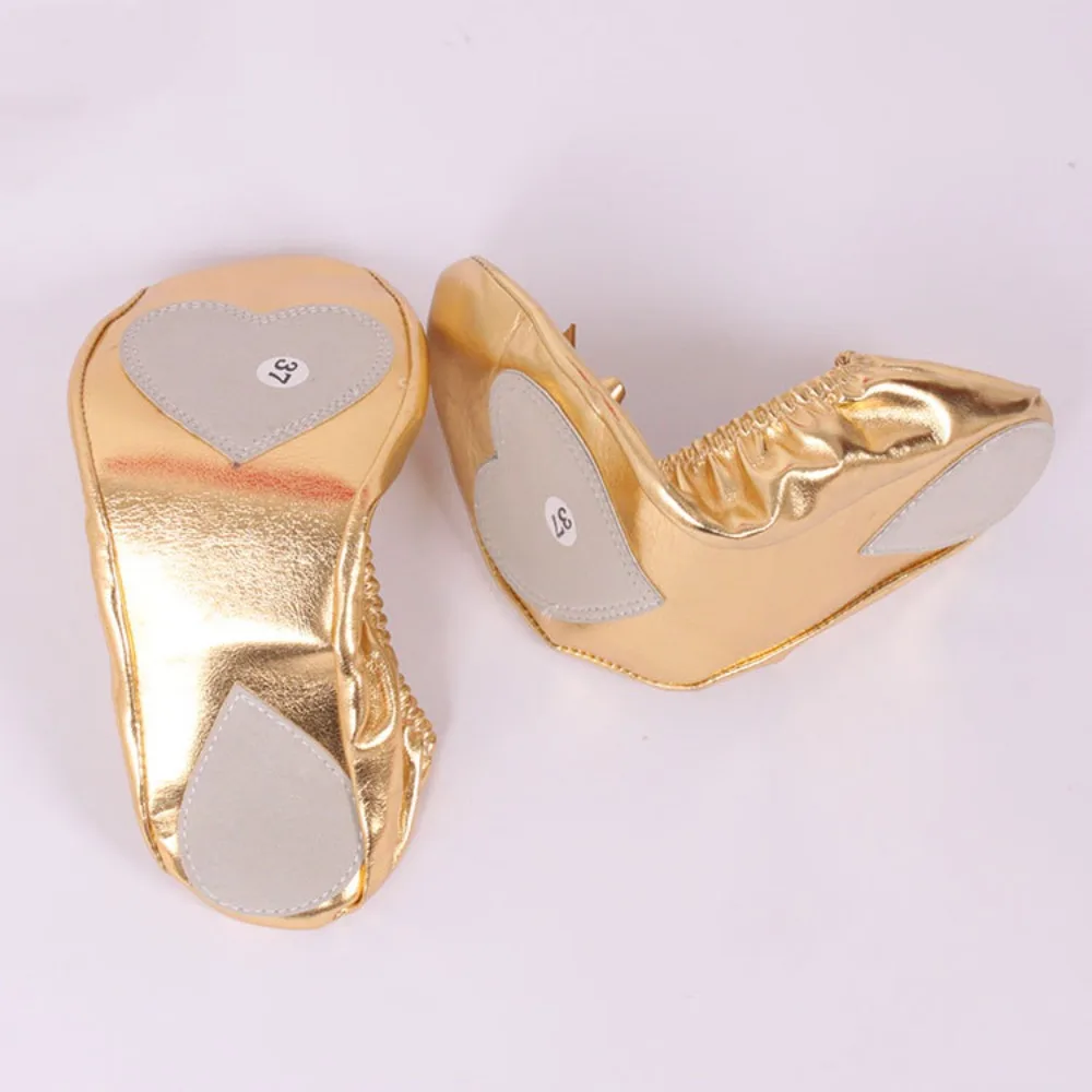 Comfortabele strik buikdansschoenen leer opvouwbare opvouwbare ballet flats gouden ronde neus Indiase dansschoenen meisjes