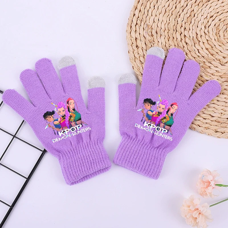 2025 جديد K البوب شيطان هنتر الفتيات قفازات Kawaii الكرتون المطبوعة محبوك قفازات الاطفال الشتاء في الهواء الطلق قفاز دافئ