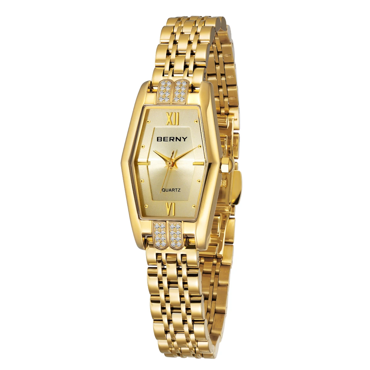 BERNY Women's Watches Gold Full Stainless Steel Luxury Diamond Dress Quartz Watch for Women Fashion Elegant Ladies Wristwatches