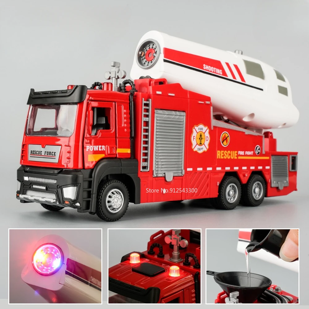 1/32 Scale Fire Truck Model Car Toy 2 Doors Opened Electric Water Spray Metal Diecast Vehicles with Pull Back Toys for Kids Gift