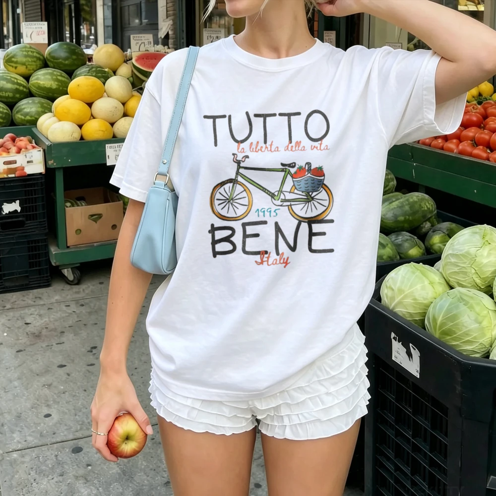 Tutto Bene Italy Hand Letter Bicycle Basket Tomato Sketch Women Cotton Tee European Countryside Art Relaxed Lifestyle Casual Top