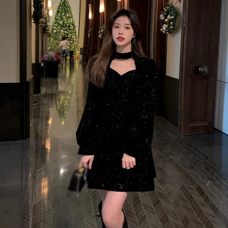 Sequins Long Sleeve Wram Vintage Dress Red Velvet Elegant Party Mini Dress Ladies Casual Korean A line Dress