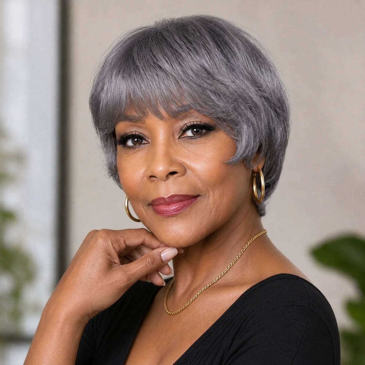 Human Hair Wig - Natural Look Elastic Net Cap 180% Density Layered  Fully  Machine   Made Straight Pixie Cut with Bangs