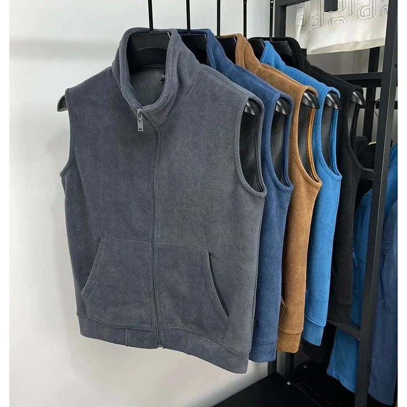 Double-Sided Fleece Zipper Collar Vest Men's Autumn Winter Sleeveless Open Cardigan Jacket Youth Fashion Standard Fit Thick Warm