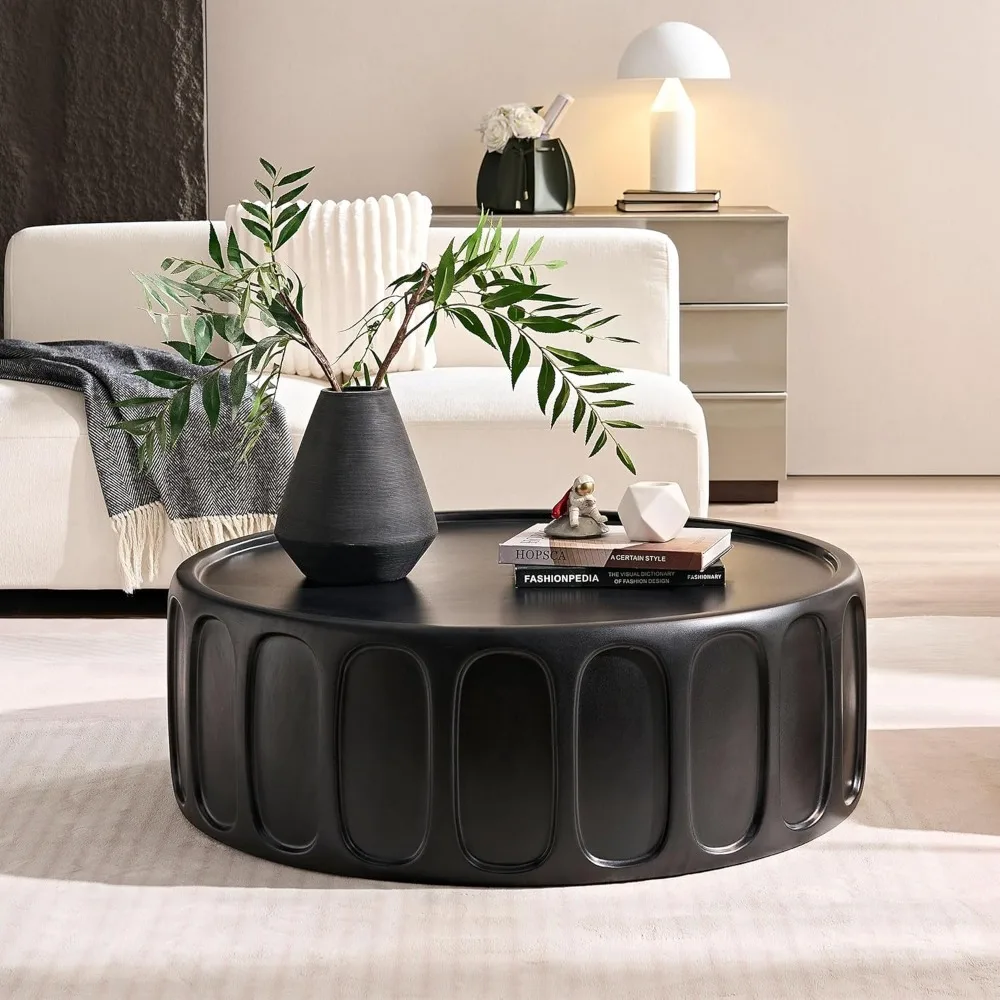 

Round Coffee Table, 35.43 Modern Coffee Table Fiberglass Side Table Handcraft Drum Accent End for Living Room