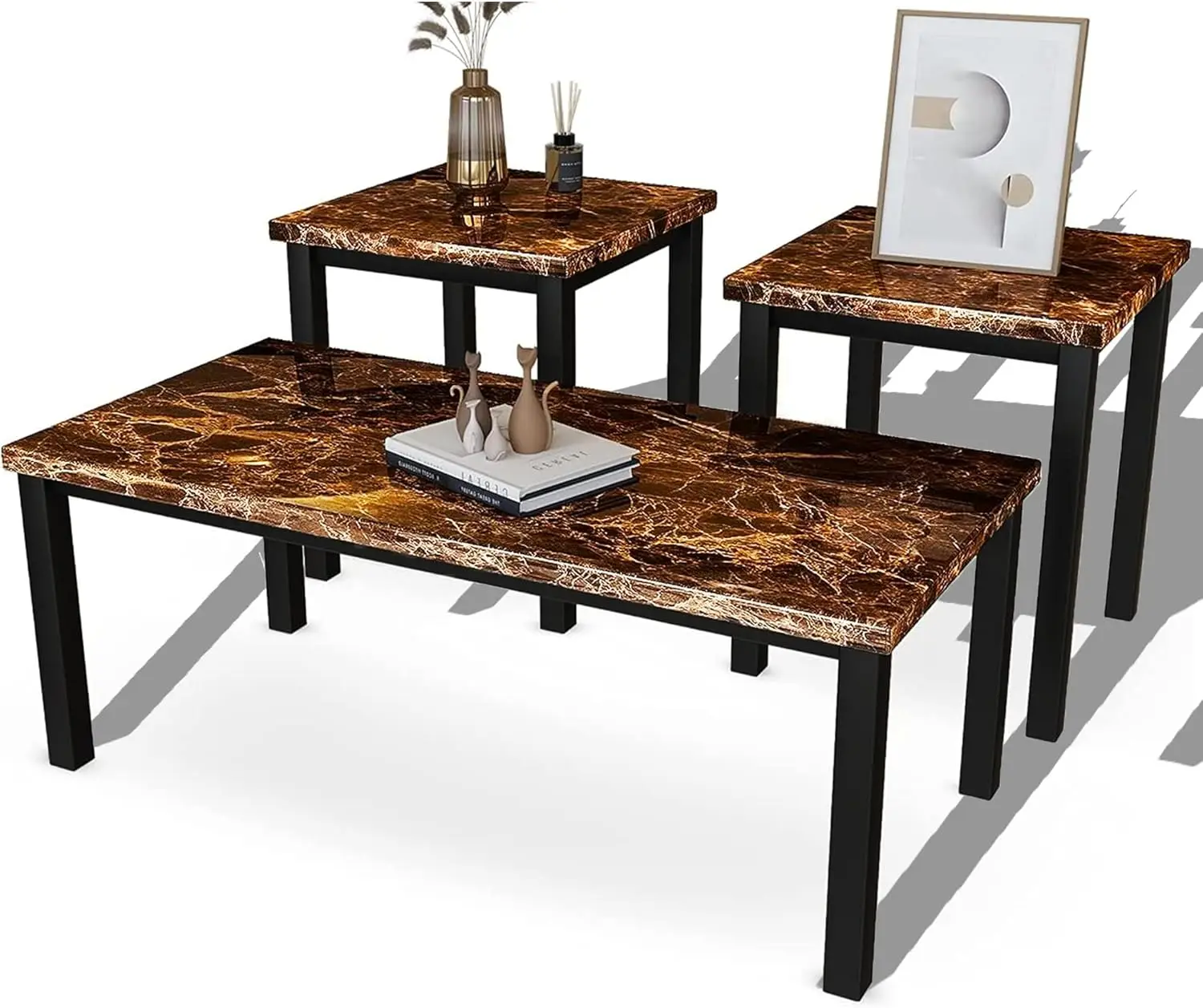 

Faux Marble Coffee Set of 3 Piece, Living Room Set Coffee Table & 2pcs End with Metal Frame Sofa Side Tables