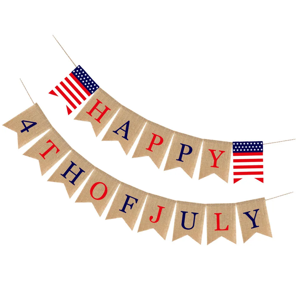 Happy 4Th of July Burlap Banner America Independence Day Swallowtail Party Pull Flag Photo Prop Sign Burlap Banner