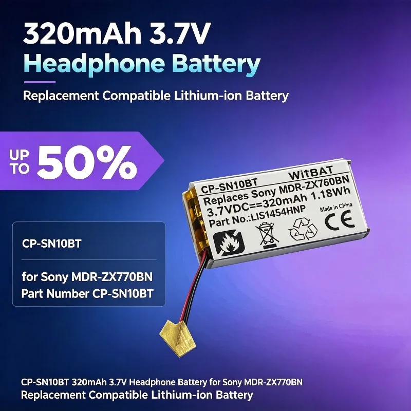 CP-SN10BT 320mAh 3.7V Headphone Battery for Sony MDR-ZX770BN Replacement Compatible Lithium‑ion Battery