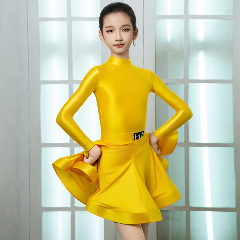 

Children Latin Competition Clothes Girl Dance Performance Costume Gold Long Sleeveless Dance Suit Latin Dancing Outfit VBH2680