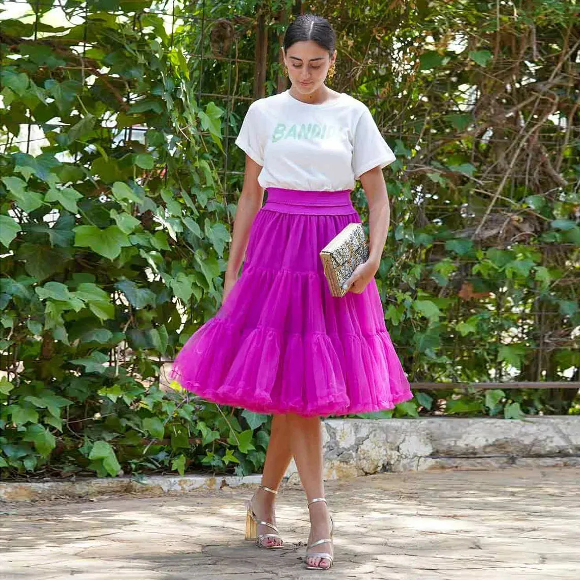 Sweety Fuchsia Midi Tulle Women Skirts With Ruffles Trim And Bright Line Details A-line Knee Length Tulle Skirt Saias