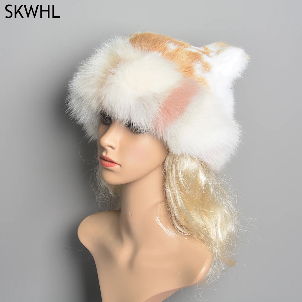 

New Luxury Knitted Real Genuine Fox Fur Hats Women Beanies Solid Rex Rabbit Fur Caps Winter Lady Party Fashion Fur Hat Skullies