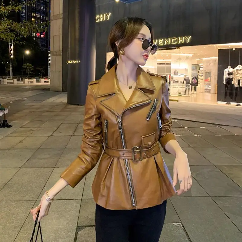 Chaqueta adelgazante de piel de oveja para mujer, chaqueta con cremallera Irregular, informal, de piel auténtica, con solapa, para primavera y otoño, novedad de 2023