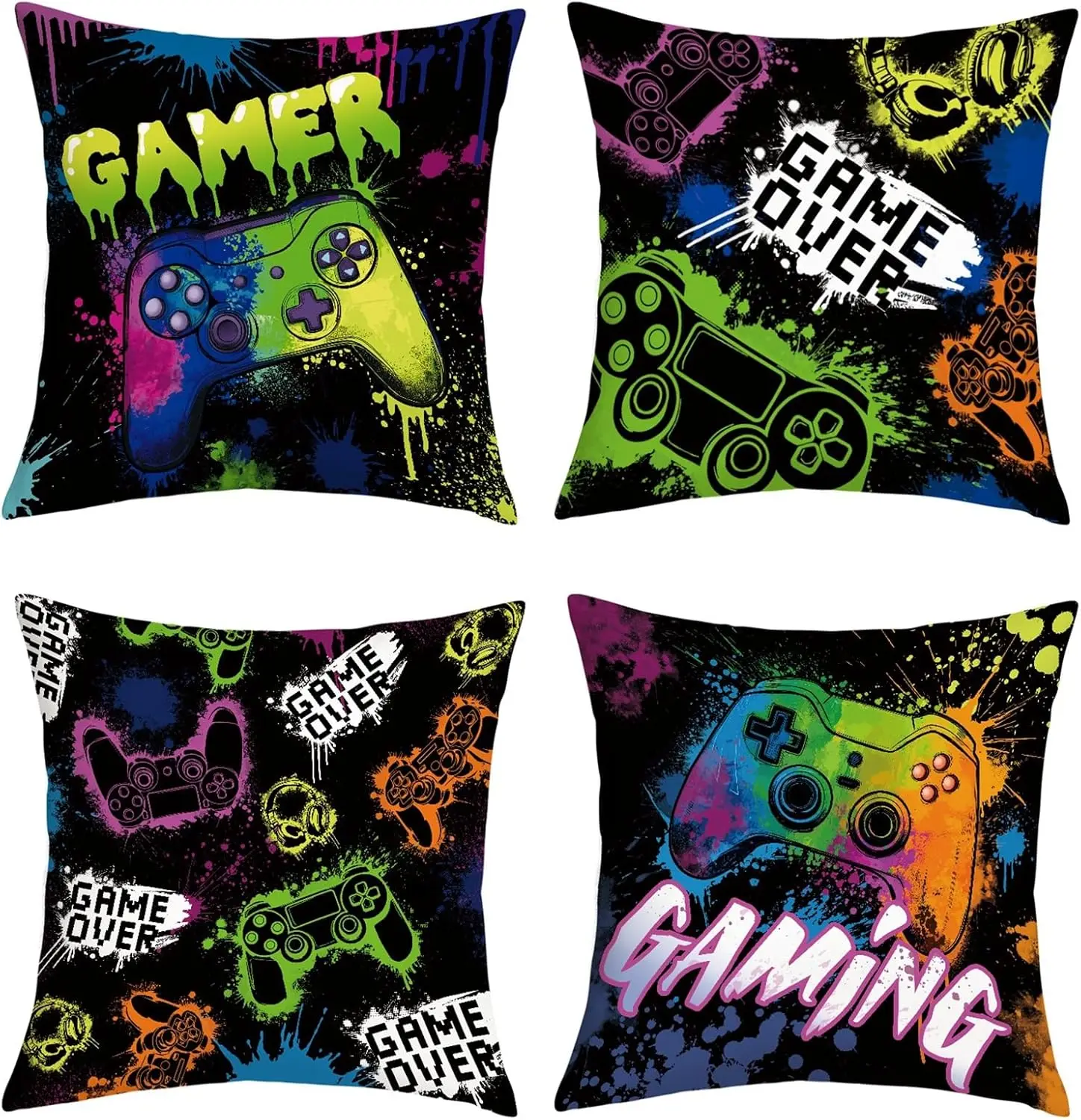 4pcs Gamer Game Controller Print Pillow Covers Polyester Cushion Cases Video Gaming Art Throw Pillowcase Set for Sofa Bed Room