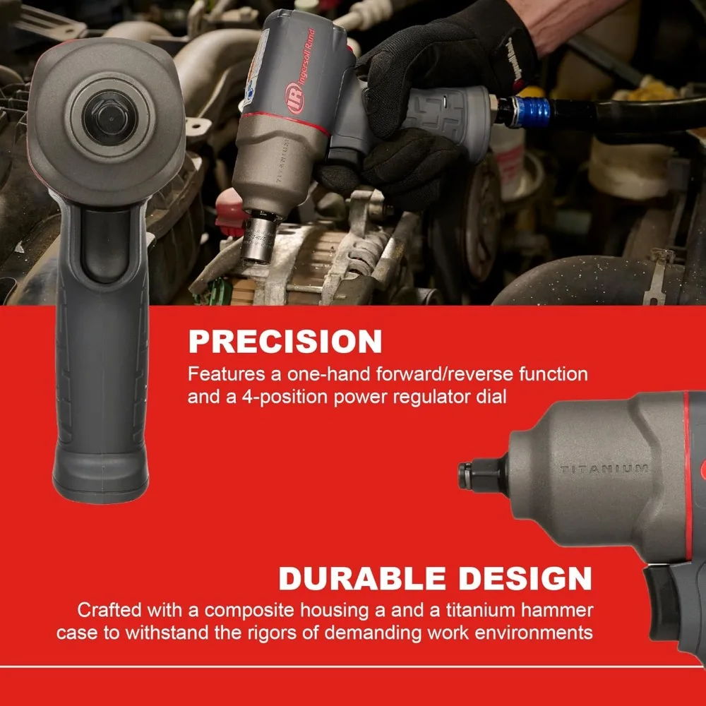 Ingersoll Rand 2115TiMAX 3/8 مفتاح ربط هوائي، عزم دوران 300 قدم رطل، علبة مطرقة تيتانيوم، مثبت حلقة الاحتكاك، مسدس