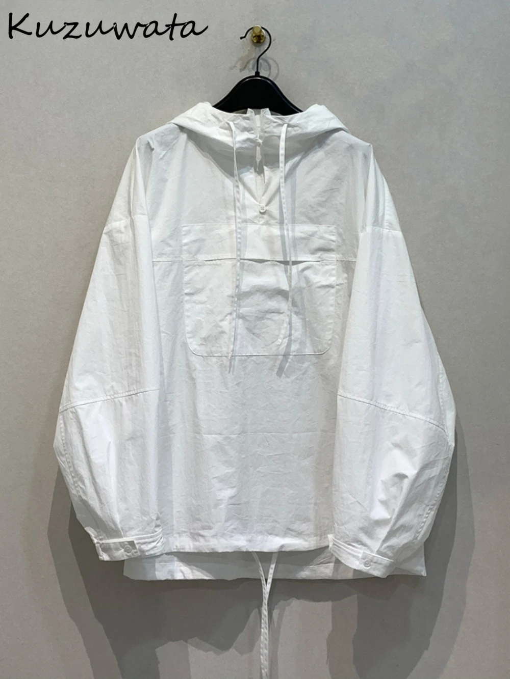 Kuzuwata Casual Hooded Simple Loose Shirt Moda Vintage Soft Pullover Commuter Women Clothing Japan New Drawstring Solid Blusas