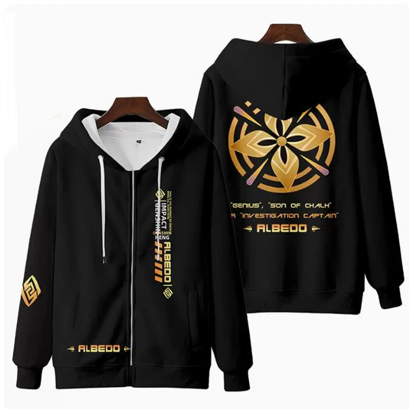 Game Genshin Impact 3D Print Zip Up Vrouwen/Mannen Hoodie Sweatshirt Streetwear Hip Hop Albedo Cosplay Rits Capuchon bovenkleding