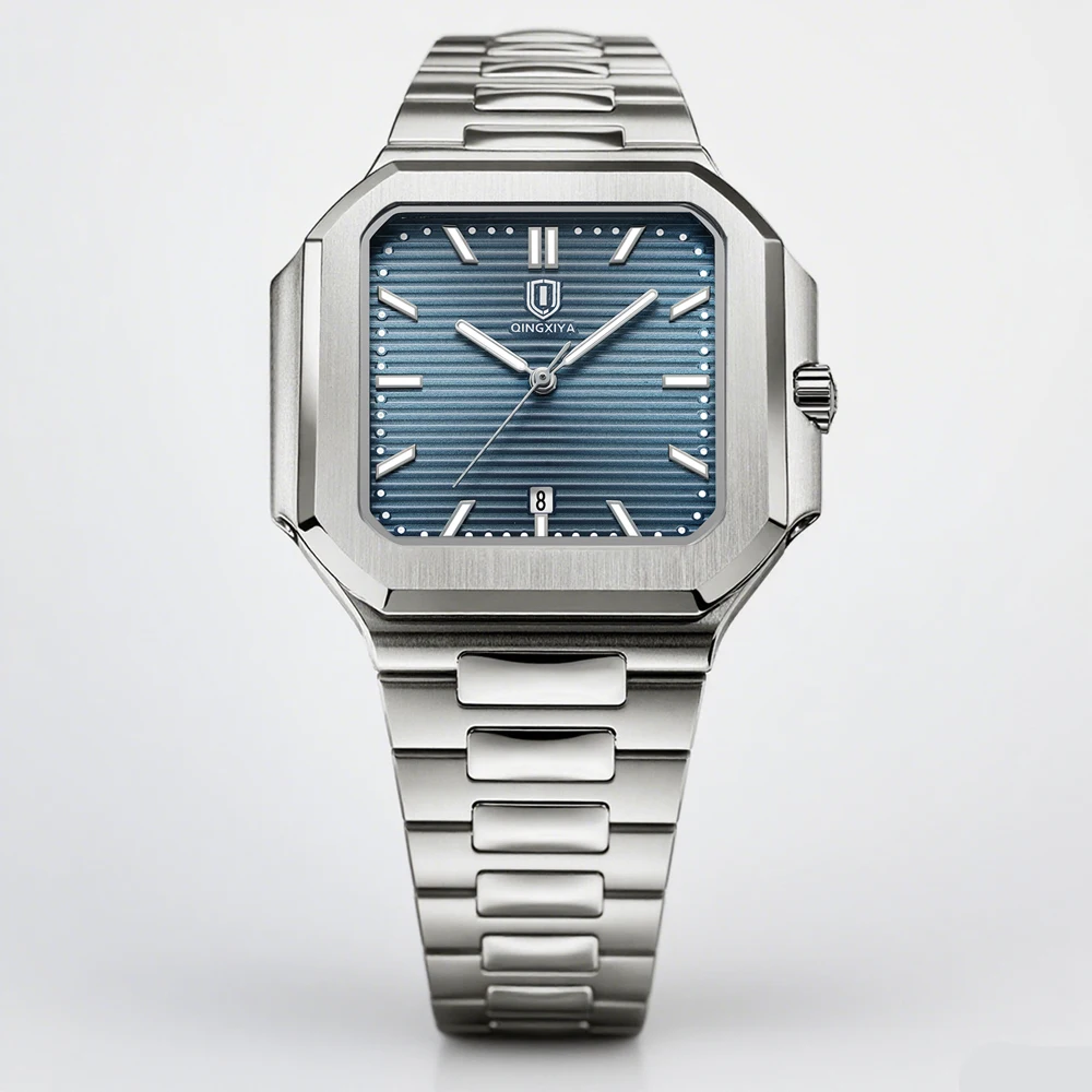 

Новые синие квадратные дизайнерские мужские часы, модные деловые стильные светящиеся часы с датой, оригинальные повседневные часы из нержавеющей стали, reloj