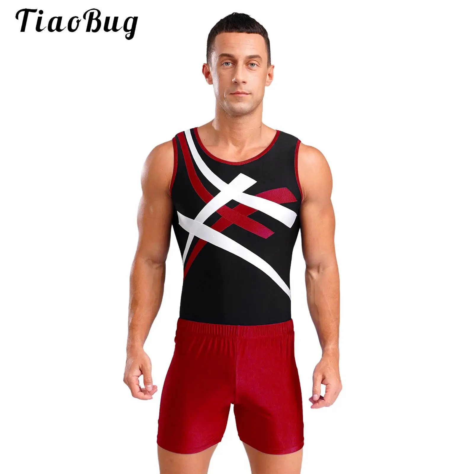 

Mens Rhythmic Gymnastics Leotard Bodysuit Outfits Sleeveless Sports Leotard with Shorts Stretch Training Competition Costume