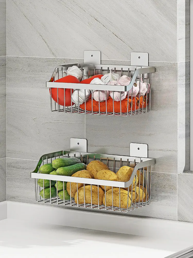304 stainless steel non-punching wall-mounted storage rack kitchen, storage basket miscellaneous goods rack sticky wall