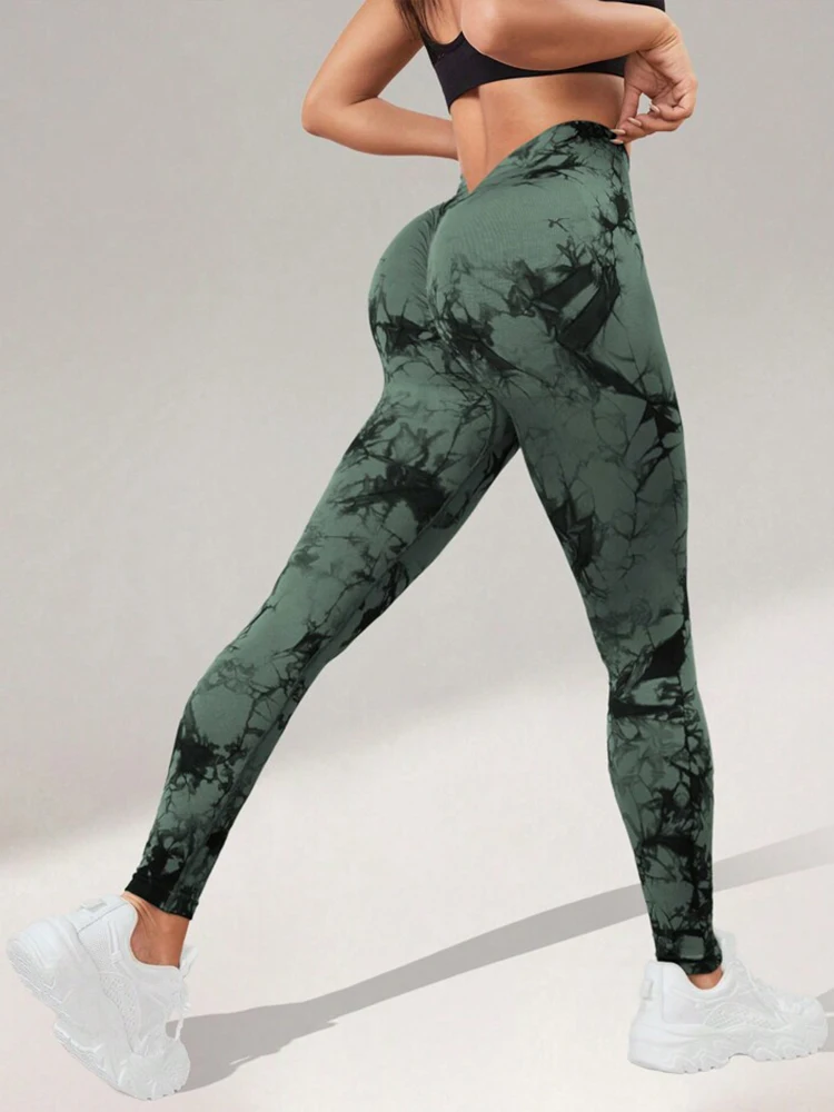 V-waist Tie-dye Yoga Trousers, High-waist Hip-lifting Fitness Pants, Training Sports Trousers, Women