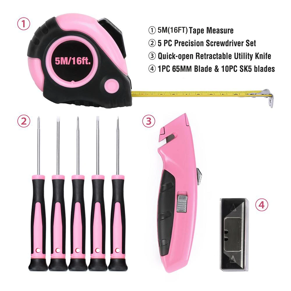 WORKPRO 103 PCS Pink Tool Set Ladies Hand Tool Set with Easy Carrying Pouch Home Tool Set for DIY Home Maintenance
