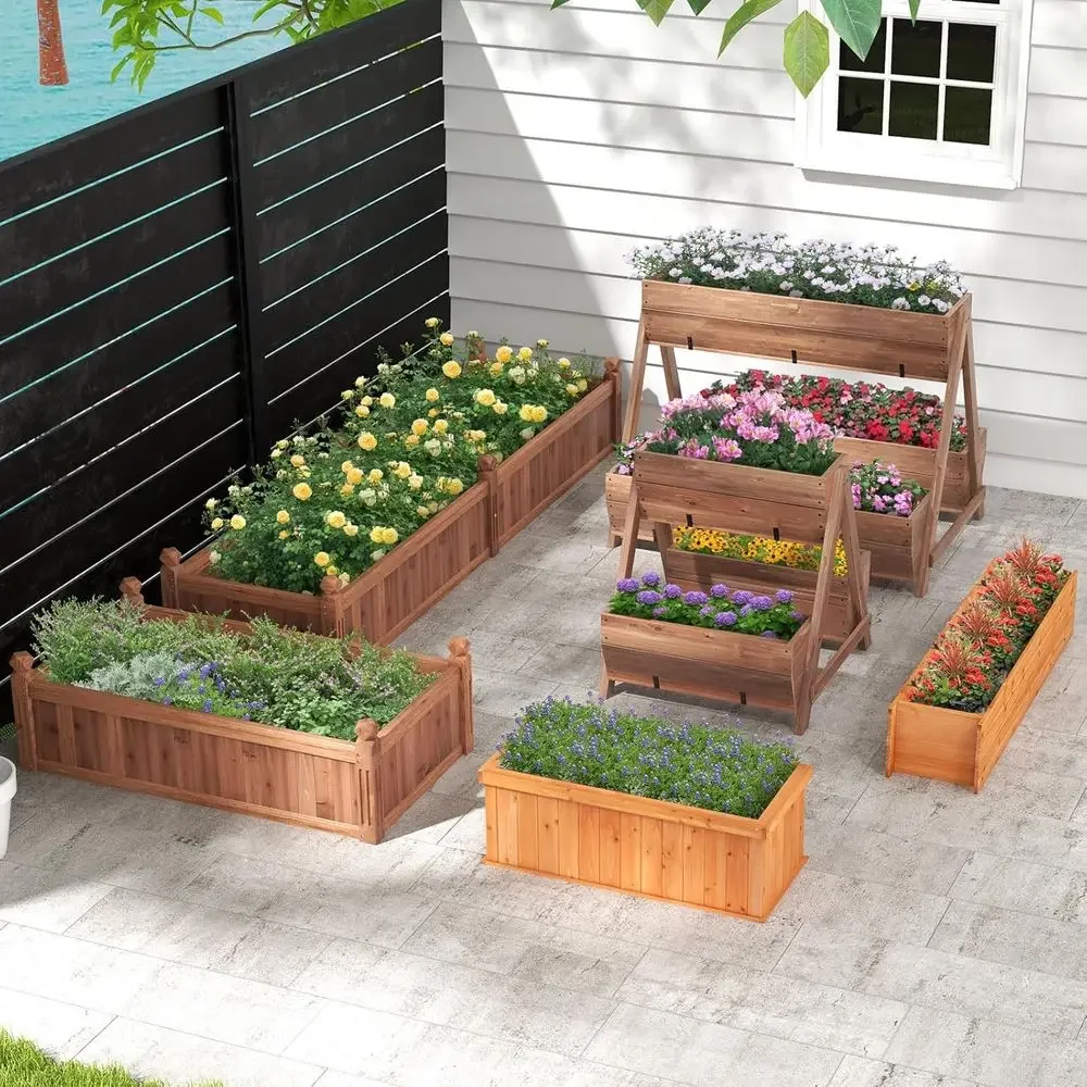 40 Inch 3-Tier Wooden Planter Box - 44L x 36W x 35H with Drainage Holes for Indoor/Outdoor Gardening