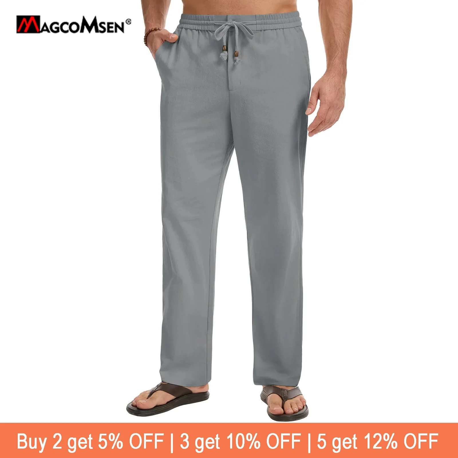 MAGCOMSEN Men's Linen Pants Loose Fit Elastic Waist Drawstring Summer Beach Casual Trousers with 3 Deep Pockets