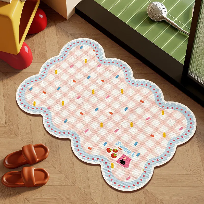 VIKAMA Pink Check Lace Wavy Shaped Bath Mat Non Slip Washable Absorbent Rug Sweet Cartoon Kids Room Home Decor Mat Welcome Rug