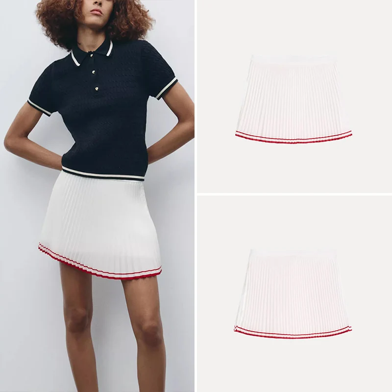 

Spring 2025 Women's Polka Dot Side Trim Pleated Skirt Faionable Contrast Color Design Polyester Fiber 00% ort Skirt