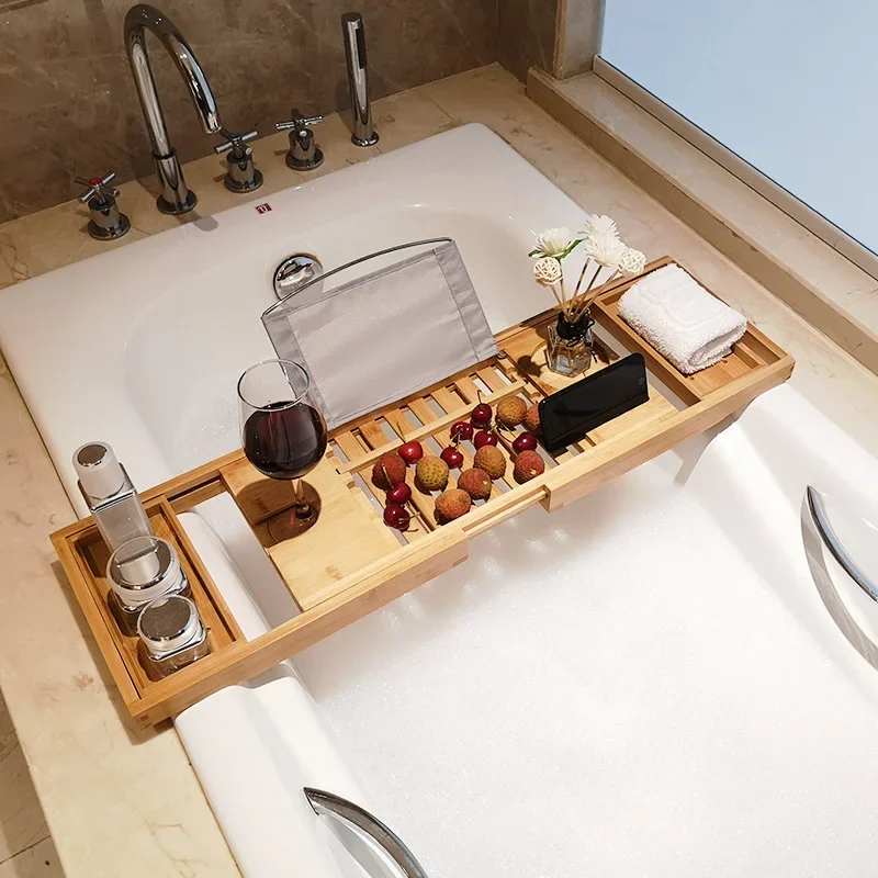 Bathtub Tray Scalable Bamboo Bath Tub Rack Tray Bathroom Holder Multifunctional Bath Storage Shelf