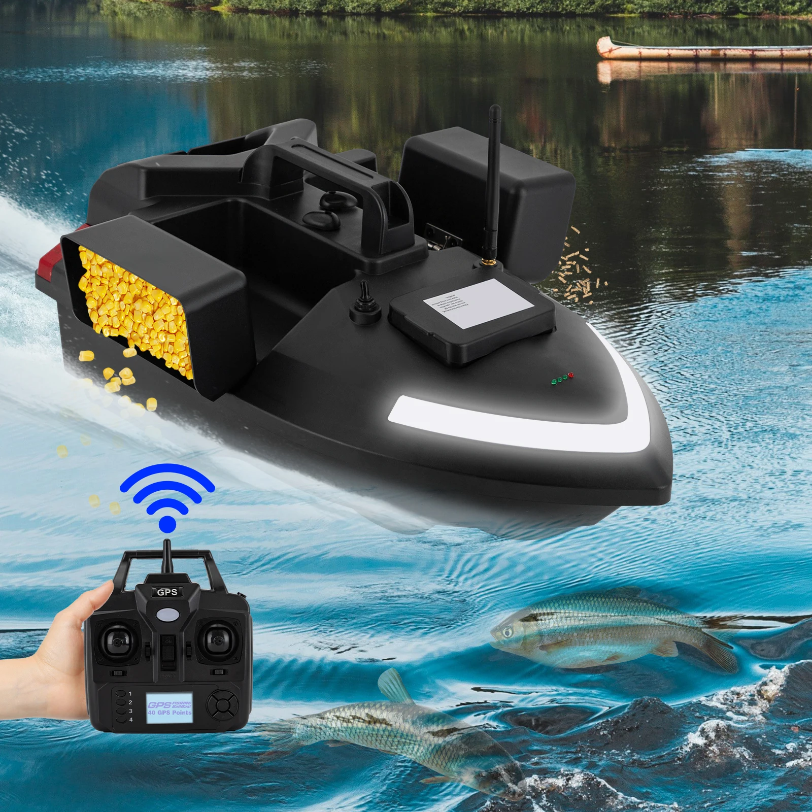 GPS Fishing Automatic Bait Boat W/1640.42ft Remote Range 12000mAh Lithium Battery Night Light Support Automatic Cruise/Return