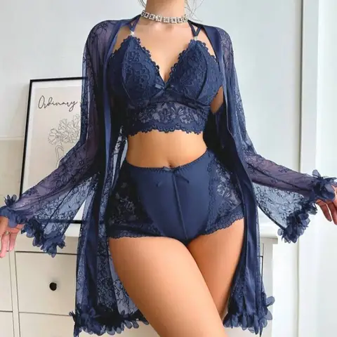 Women Sexy Robe Lingerie Set Lace V-neck Halter Bralette Underwear Suit + Transparent Mesh Bathrobe Nightwear Female Sleepwear