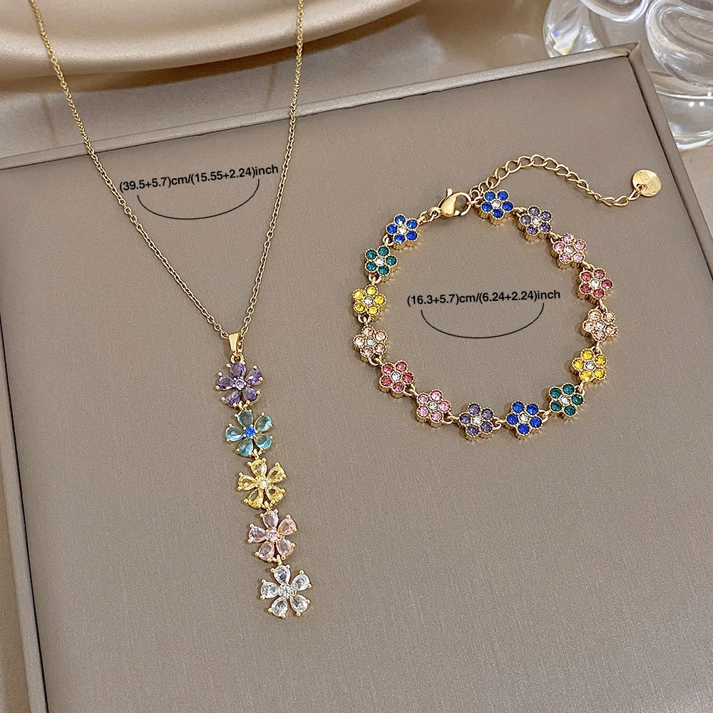 AENSOA Buntes Blumenarmband, vergoldeter Edelstahl, Regenbogen-Zirkonia-besetzte zarte Armbänder, Halsketten-Schmuckset für Damen – Detail 2