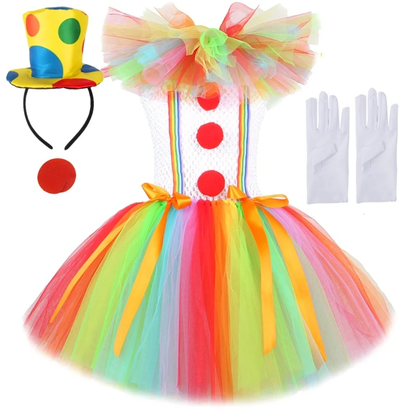 Girls Rainbow Circus Clown Tutu Dress Kids Colorful Clown Costume For New Year Birthday Halloween Carnival Party Outfit