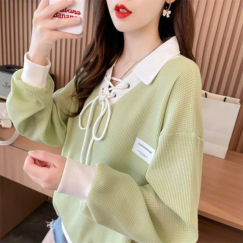 Early Autumn Waffle Sweatershirt Women Spring Autumn Korean Loose Thin Polo Top Fake Two Piece Top Coat Splice Casual Pullover