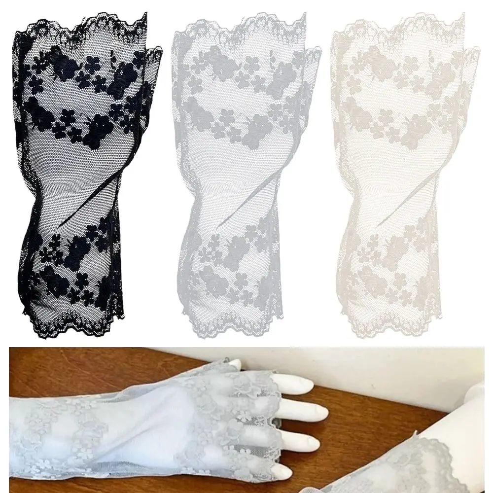 New Mesh Flower Sunscreen Mittens Thin Touch Screen Printing Half Finger Gloves Party Breathable Lace Gloves