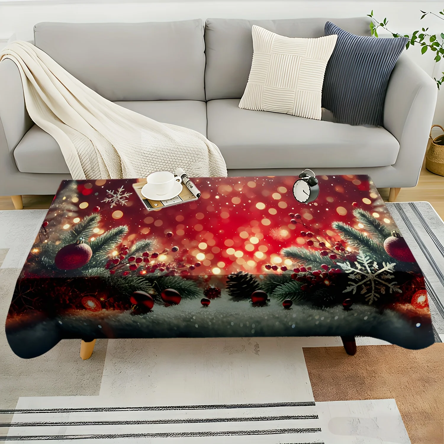 1pc 2D Flat Tablecloth,Warm Red Light Spots Pine Branches Red Berries Snowflakes Pine Cones Baubles Printed Rectangle Tablecloth
