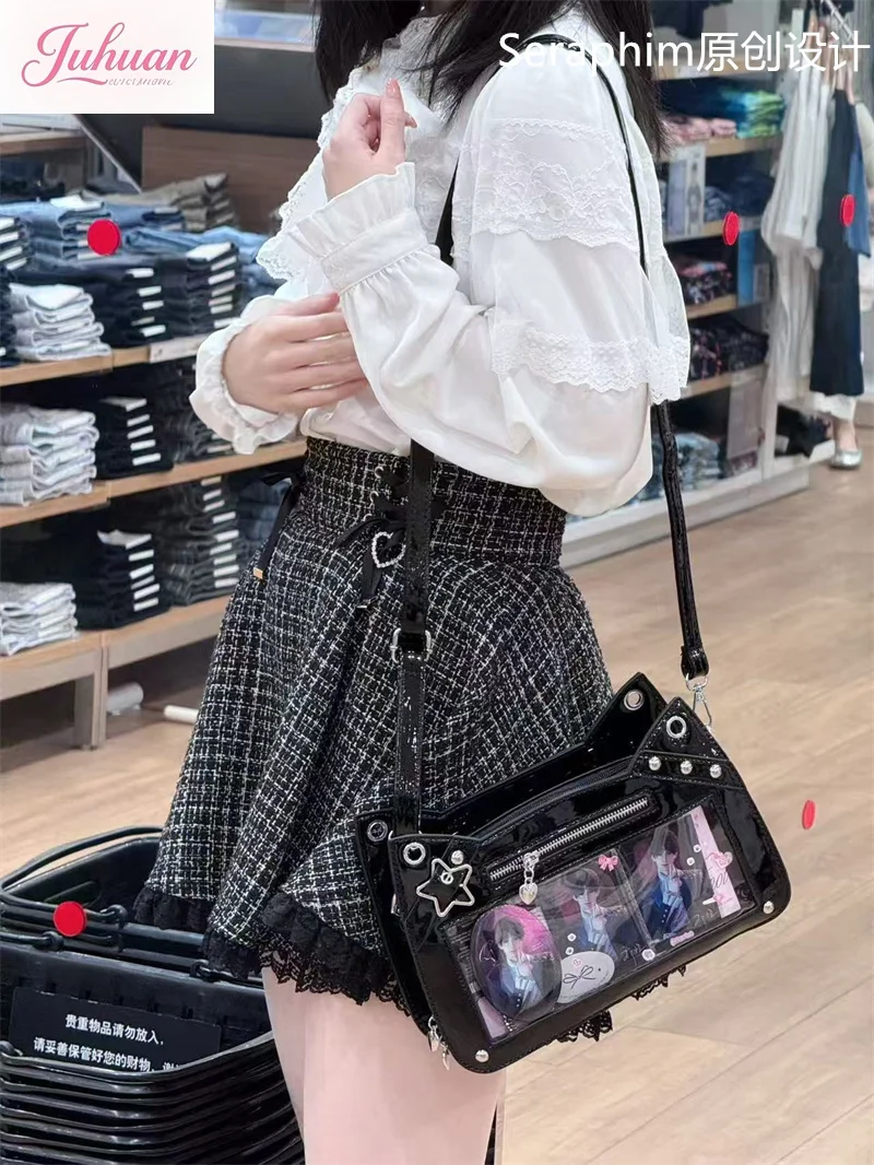 اليابانية الأصلية الكرتون القط لطيف براءات الاختراع والجلود الخفيفة Ltabag المرأة الغذاء الصغيرة واحدة الكتف Crossbody ستار مطاردة حقائب الطفل