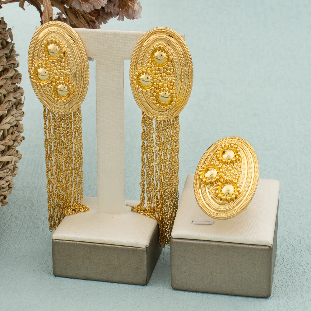 Dubai African Earrings and Ring Drop Long Earrings Flower Sexy Jewelry For Women Wedding Young Lady Big Light Weight Jewelry