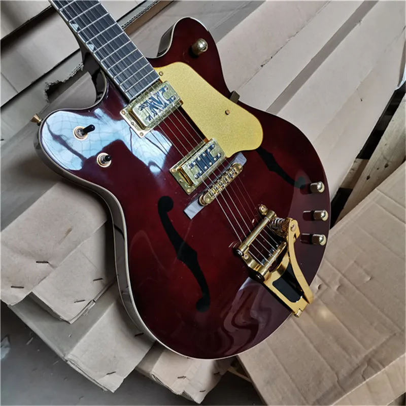 Semi-Hollow Body Wine Red Electric Guitar with Golden Hardware,Offer Customize