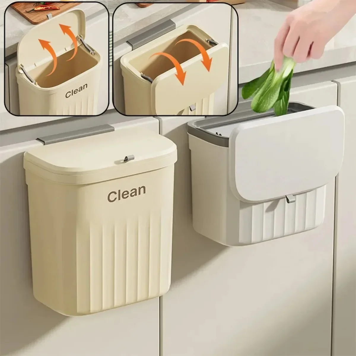 8/12L Kitchen Trash Cabinet Door Hanging Can Lid Wall Mounted Trash Countertop Can Garbage Bin Wastebasket Compost Bin Bathroom