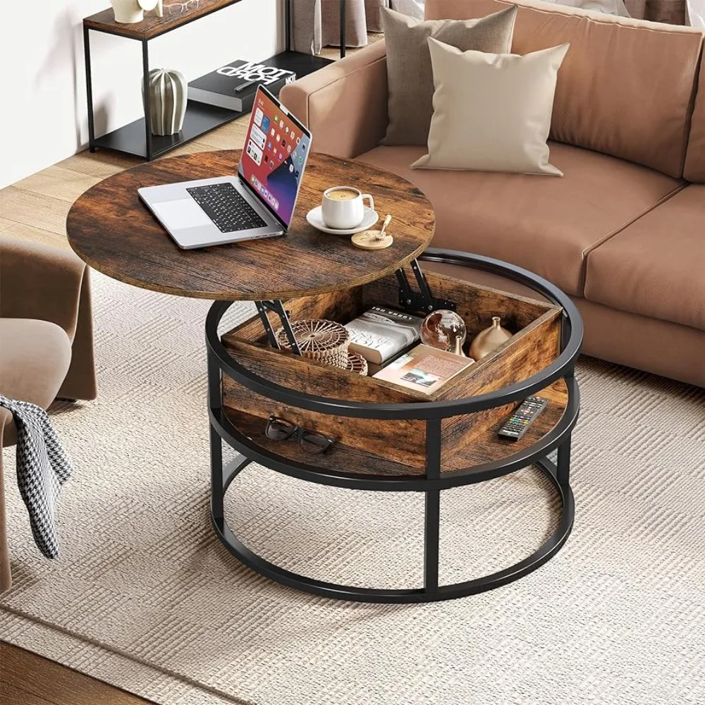 

Rustic Brown Dinning Tables Sets Circle Center Tables Living Room Round Lift Top Coffee Table With Storage for Home Office Coffe