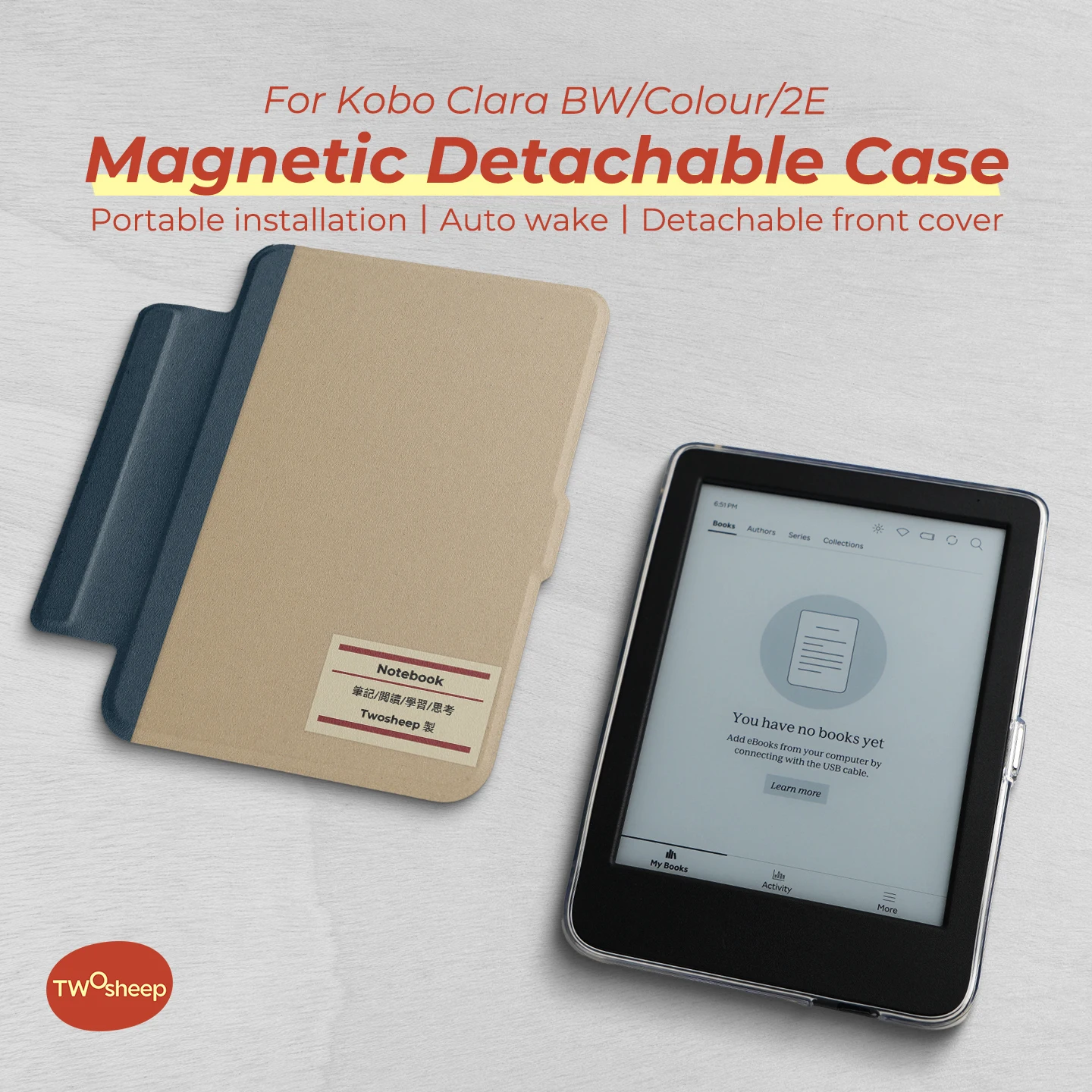 

Twosheep 6 Inch Detachable Magnetic Case for Kobo Clara BW / Clara Colour / Clara 2E Clear Back Auto Wake Sleep with Clear Case