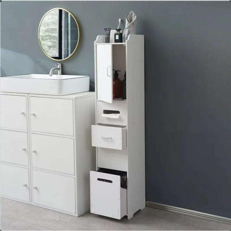 

Waterproof Bathroom Gap Storage Cabinet Multi-Function Organizer Toilet Side Narrow Cabinet with Hidden Trash Bin
