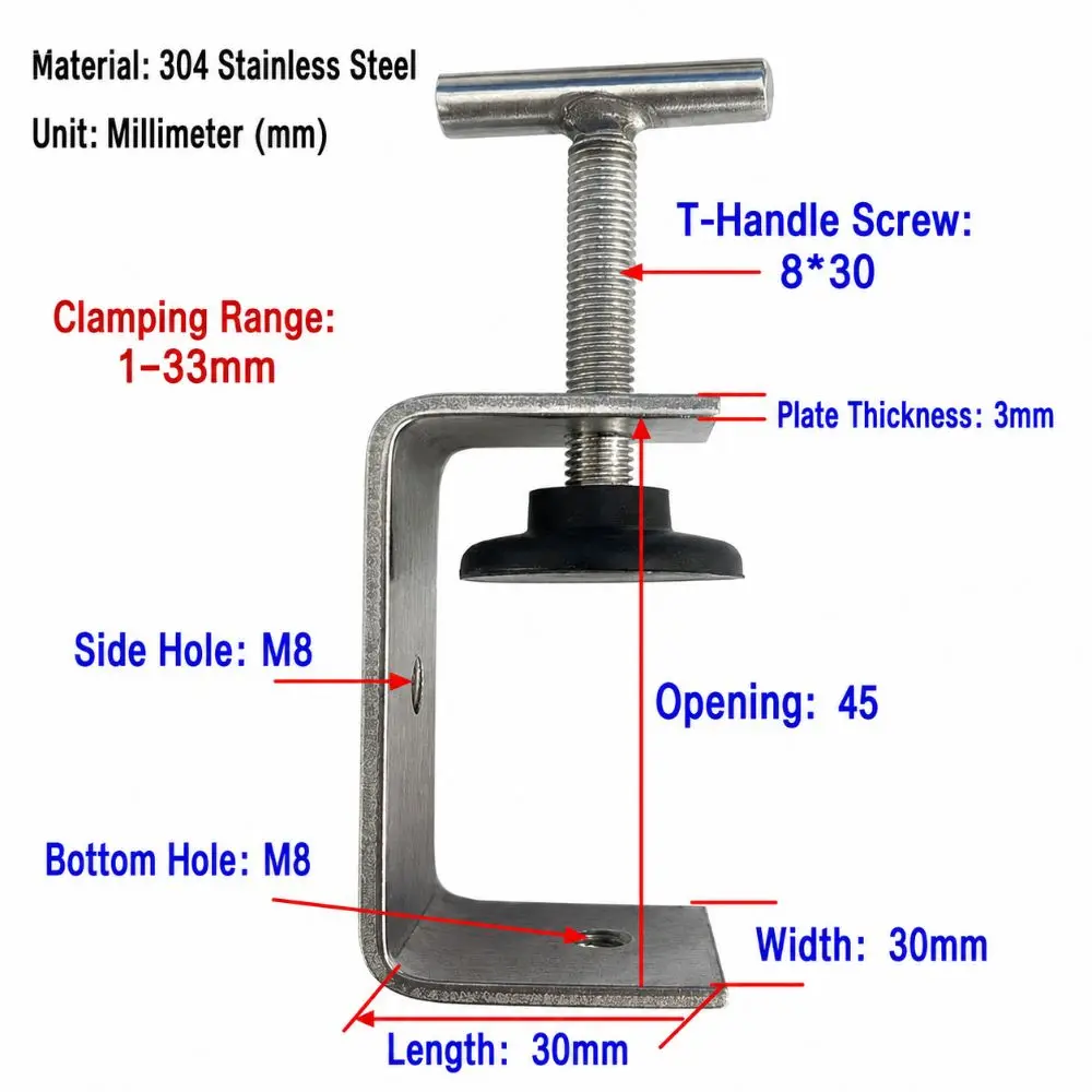 304 Stainless Steel C-clamp 20-100mm Opening Rubber Pad Square Clamp Adjustable Hand-Tightening Woodworking Fixing Clips