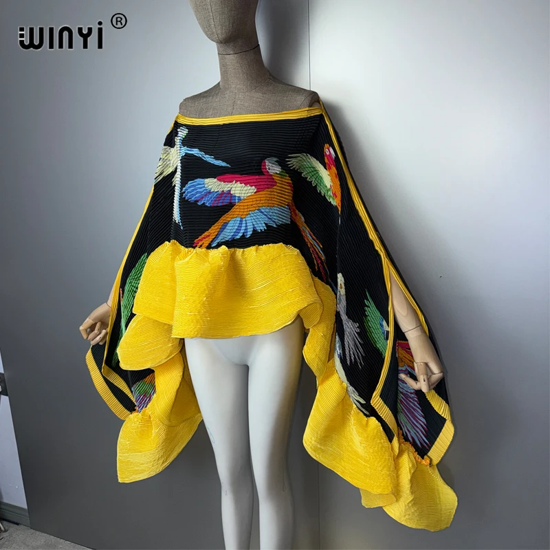 WINYI Women's Pleated Maxi Party Dress Loose Fit Boho Evening Gown Crumple Design Poncho Top Beach Wear Cover up Shawl