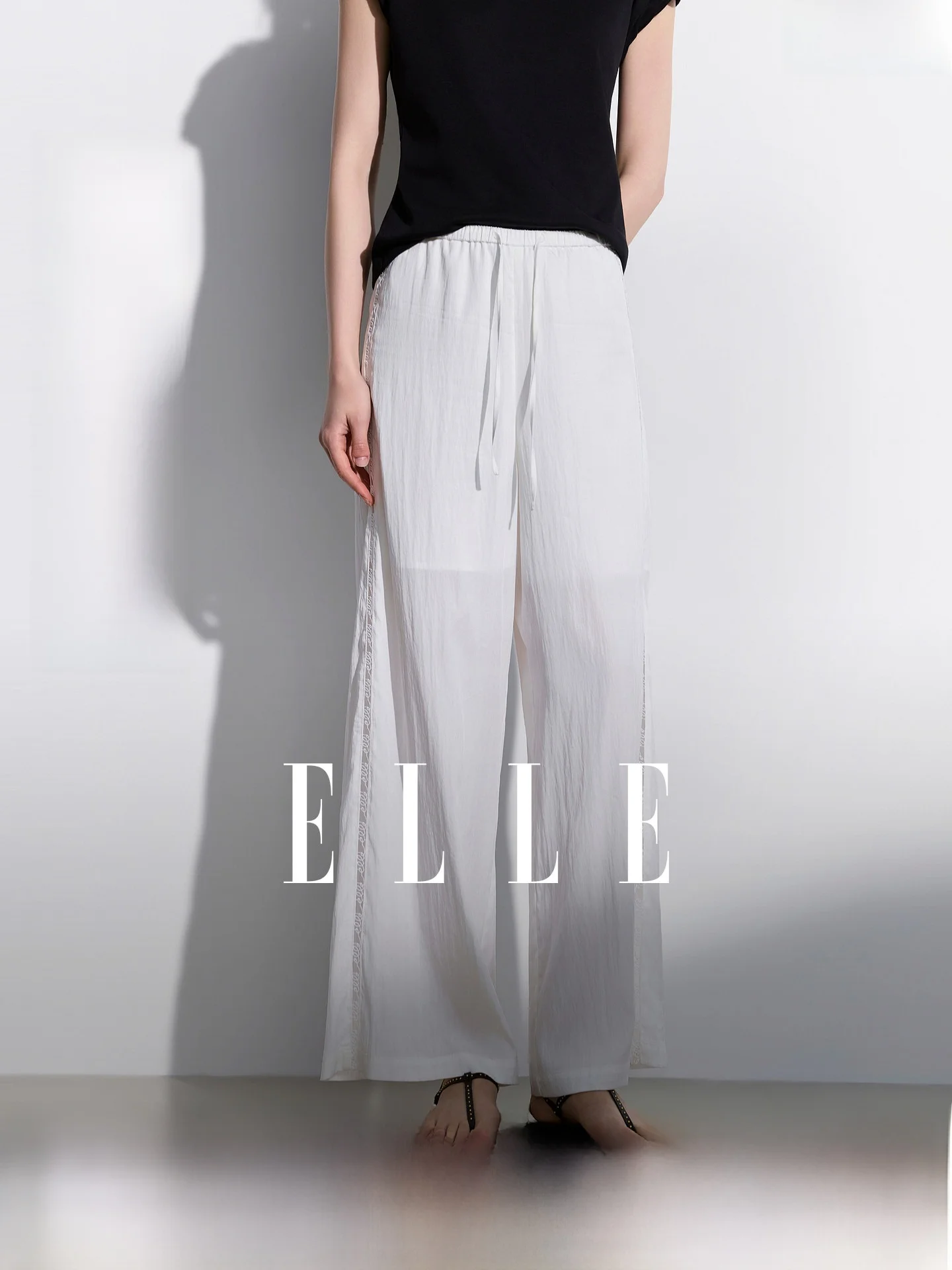 

ELLE Casual Wide Leg Pants Women's Summer New Style Lace Trim Design Sensation Loose Fit Commute Friendly Pure Color