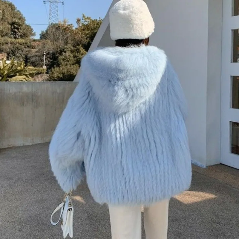 2023 nuove donne cappotto di pelliccia sintetica Double face tessuto imitazione pelliccia di volpe Outwear versione di media lunghezza con cappuccio spessa calda moda capispalla